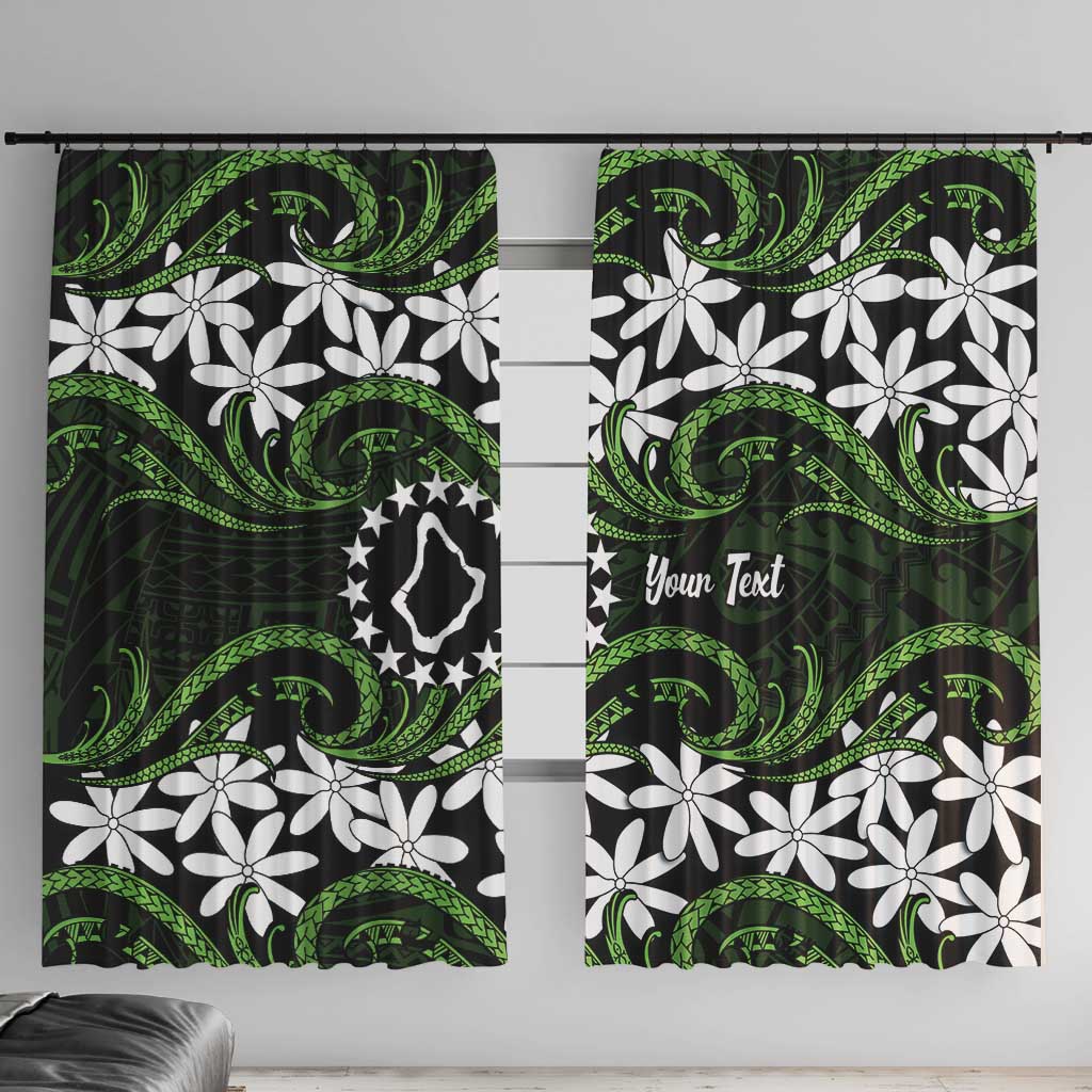 Personalised Cook Islands Palmerston Window Curtain Tiare Maori Polynesian Waves Tattoo LT14 With Hooks Green - Polynesian Pride