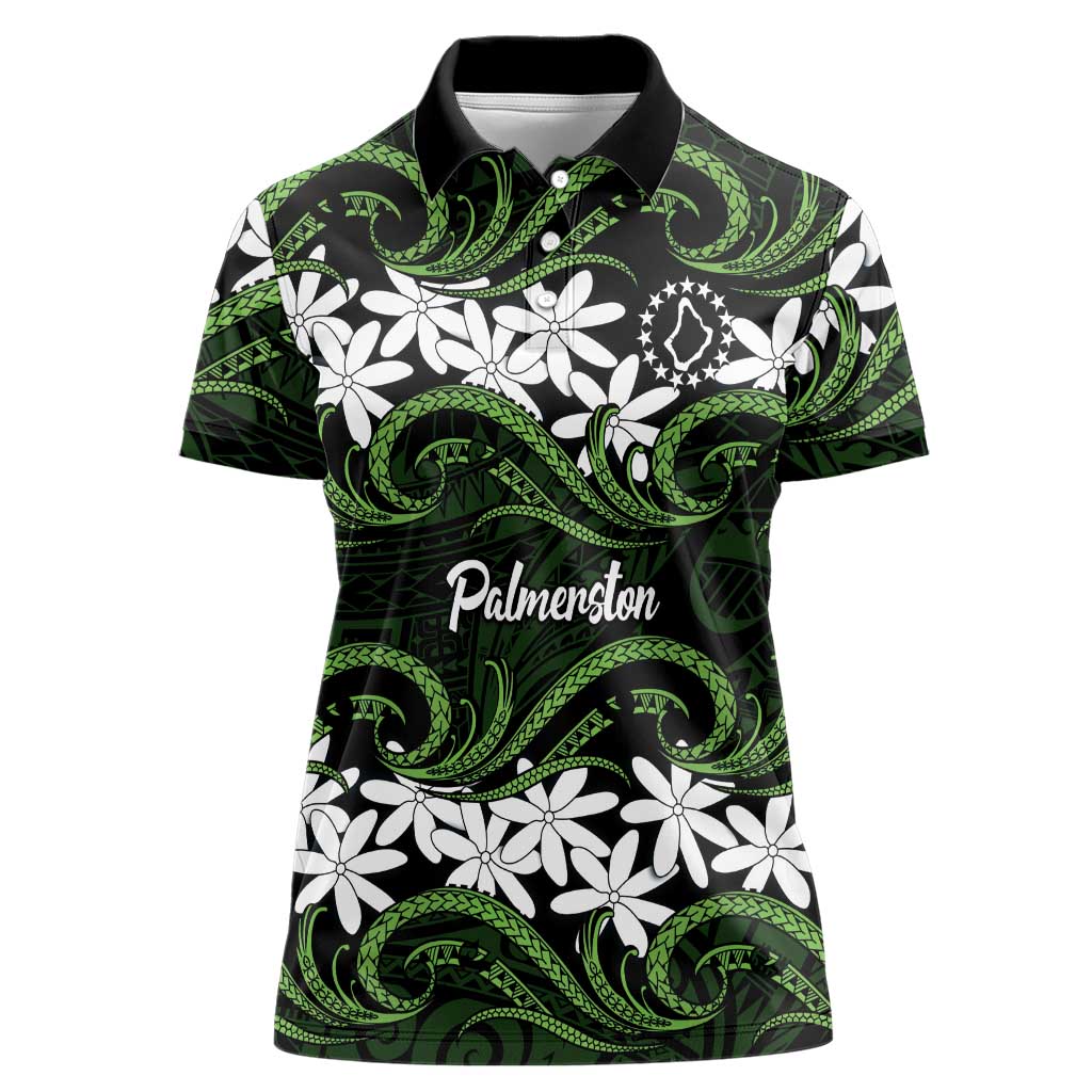 Personalised Cook Islands Palmerston Women Polo Shirt Tiare Maori Polynesian Waves Tattoo
