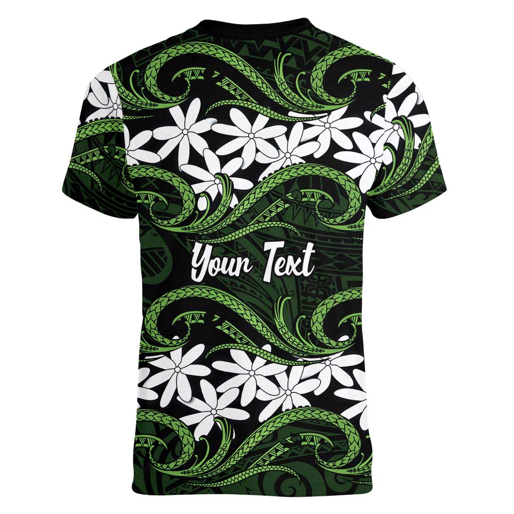 Personalised Cook Islands Palmerston Women V-Neck T-Shirt Tiare Maori Polynesian Waves Tattoo