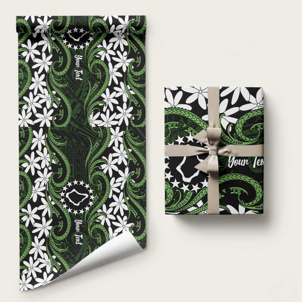 Personalised Cook Islands Palmerston Wrapping Paper Tiare Maori Polynesian Waves Tattoo LT14 58" × 23" Green - Polynesian Pride