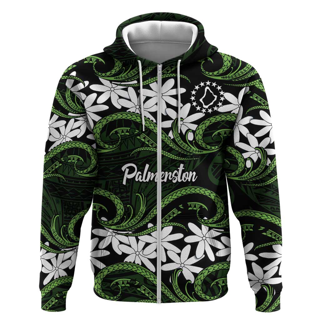 Personalised Cook Islands Palmerston Zip Hoodie Tiare Maori Polynesian Waves Tattoo
