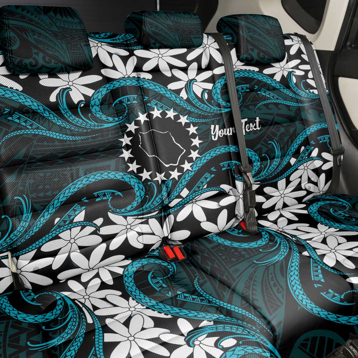 Personalised Cook Islands Penrhyn Atoll Back Car Seat Cover Tiare Maori Polynesian Waves Tattoo