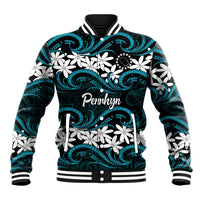Personalised Cook Islands Penrhyn Atoll Baseball Jacket Tiare Maori Polynesian Waves Tattoo LT14 Unisex Blue - Polynesian Pride