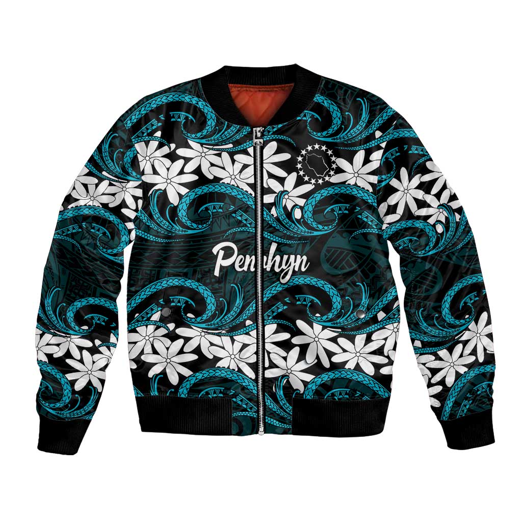 Personalised Cook Islands Penrhyn Atoll Bomber Jacket Tiare Maori Polynesian Waves Tattoo LT14 Unisex Blue - Polynesian Pride