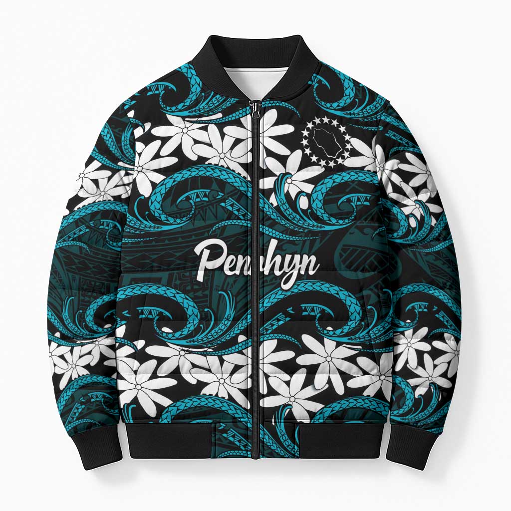 Personalised Cook Islands Penrhyn Atoll Bomber Puffer Jacket Tiare Maori Polynesian Waves Tattoo