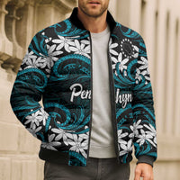 Personalised Cook Islands Penrhyn Atoll Bomber Puffer Jacket Tiare Maori Polynesian Waves Tattoo