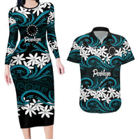 Personalised Cook Islands Penrhyn Atoll Couples Matching Long Sleeve Bodycon Dress and Hawaiian Shirt Tiare Maori Polynesian Waves Tattoo