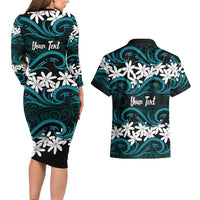 Personalised Cook Islands Penrhyn Atoll Couples Matching Long Sleeve Bodycon Dress and Hawaiian Shirt Tiare Maori Polynesian Waves Tattoo