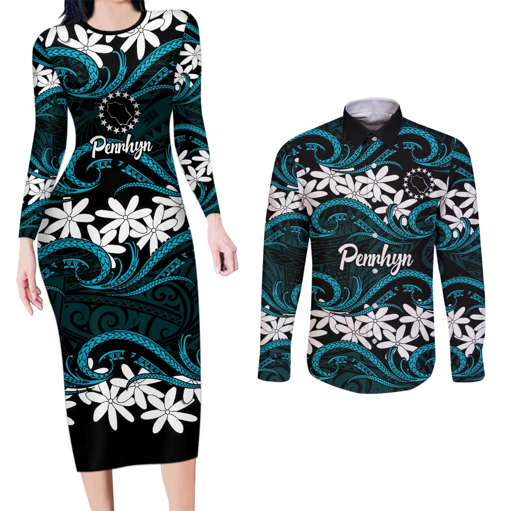 Personalised Cook Islands Penrhyn Atoll Couples Matching Long Sleeve Bodycon Dress and Long Sleeve Button Shirt Tiare Maori Polynesian Waves Tattoo LT14 Blue - Polynesian Pride