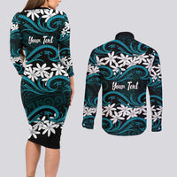 Personalised Cook Islands Penrhyn Atoll Couples Matching Long Sleeve Bodycon Dress and Long Sleeve Button Shirt Tiare Maori Polynesian Waves Tattoo LT14 - Polynesian Pride