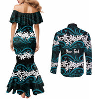 Personalised Cook Islands Penrhyn Atoll Couples Matching Mermaid Dress and Long Sleeve Button Shirt Tiare Maori Polynesian Waves Tattoo