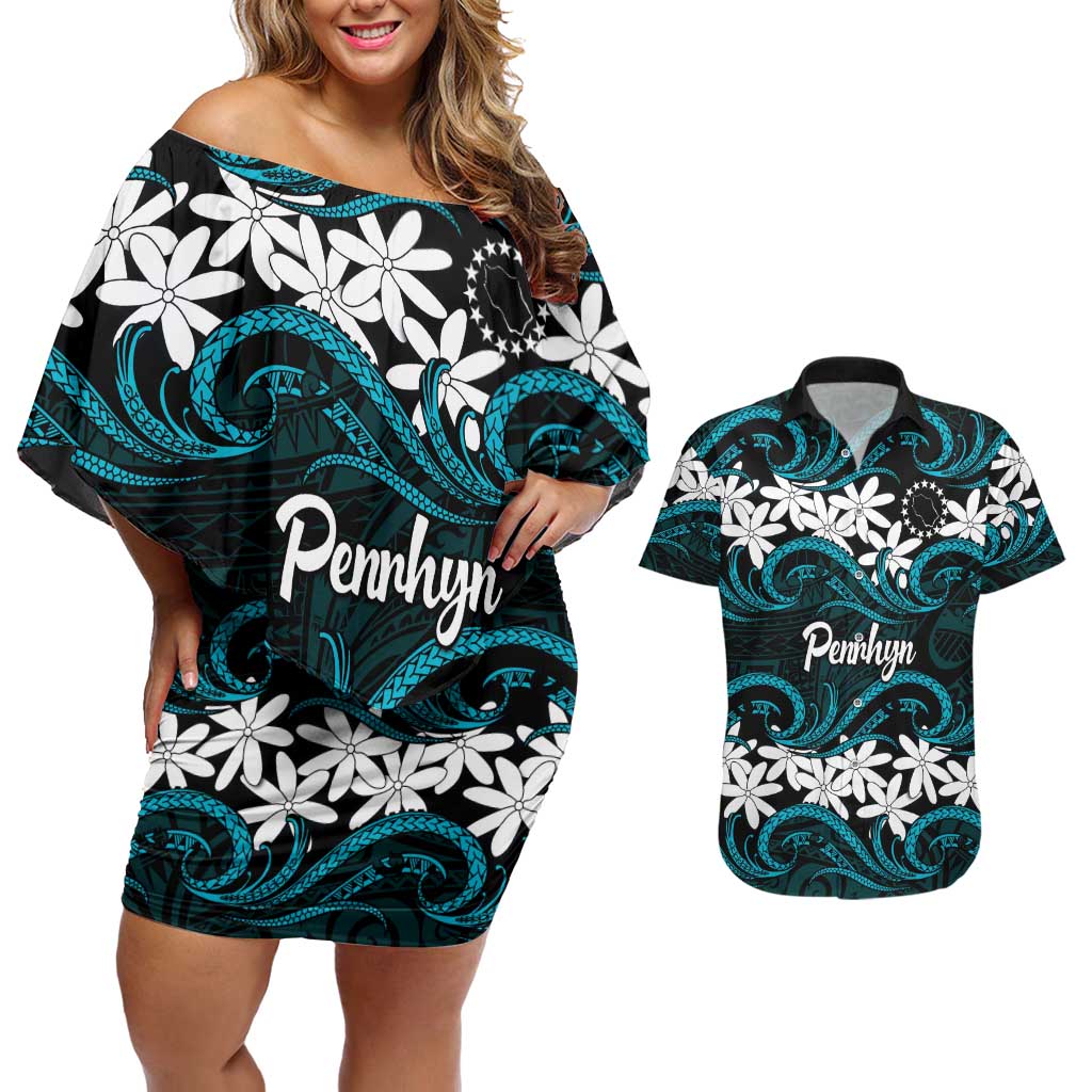 Personalised Cook Islands Penrhyn Atoll Couples Matching Off Shoulder Short Dress and Hawaiian Shirt Tiare Maori Polynesian Waves Tattoo