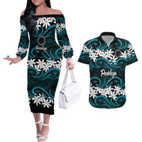 Personalised Cook Islands Penrhyn Atoll Couples Matching Off The Shoulder Long Sleeve Dress and Hawaiian Shirt Tiare Maori Polynesian Waves Tattoo