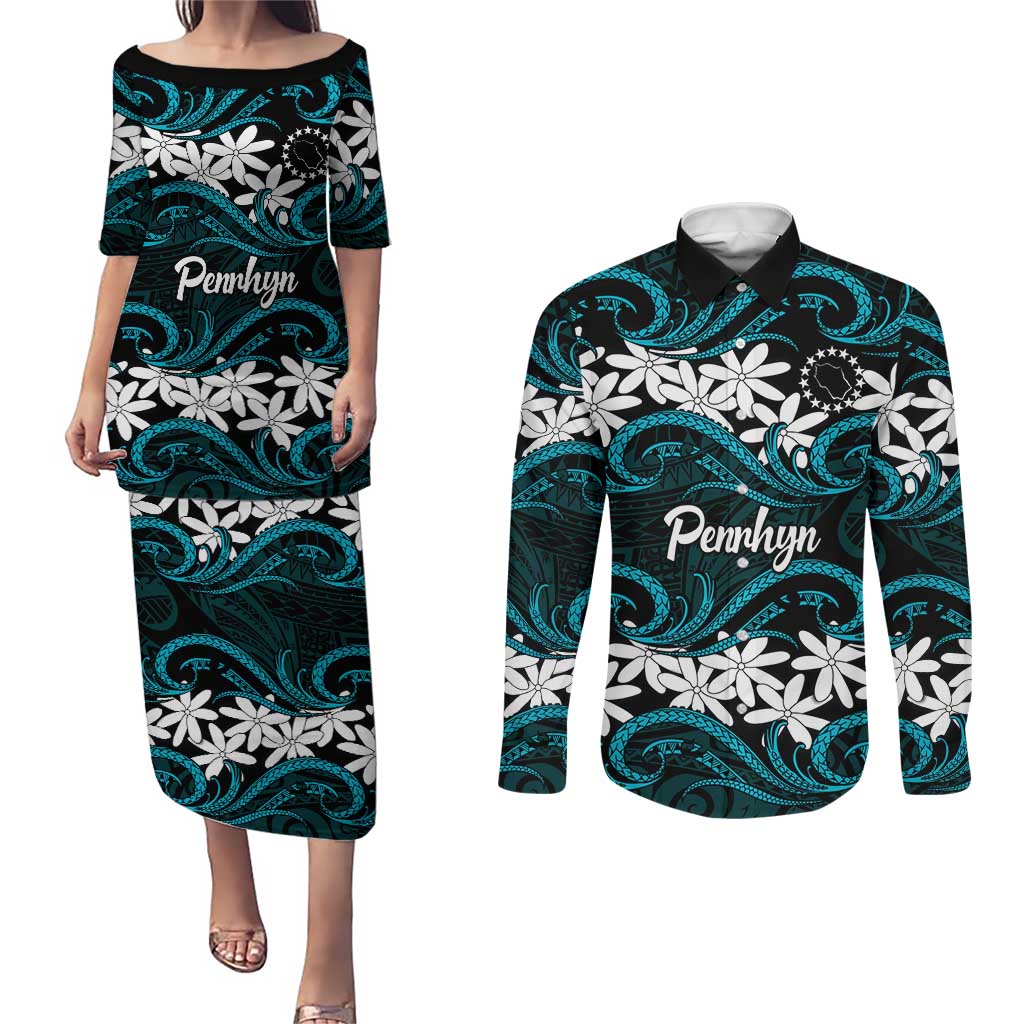 Personalised Cook Islands Penrhyn Atoll Couples Matching Puletasi and Long Sleeve Button Shirt Tiare Maori Polynesian Waves Tattoo