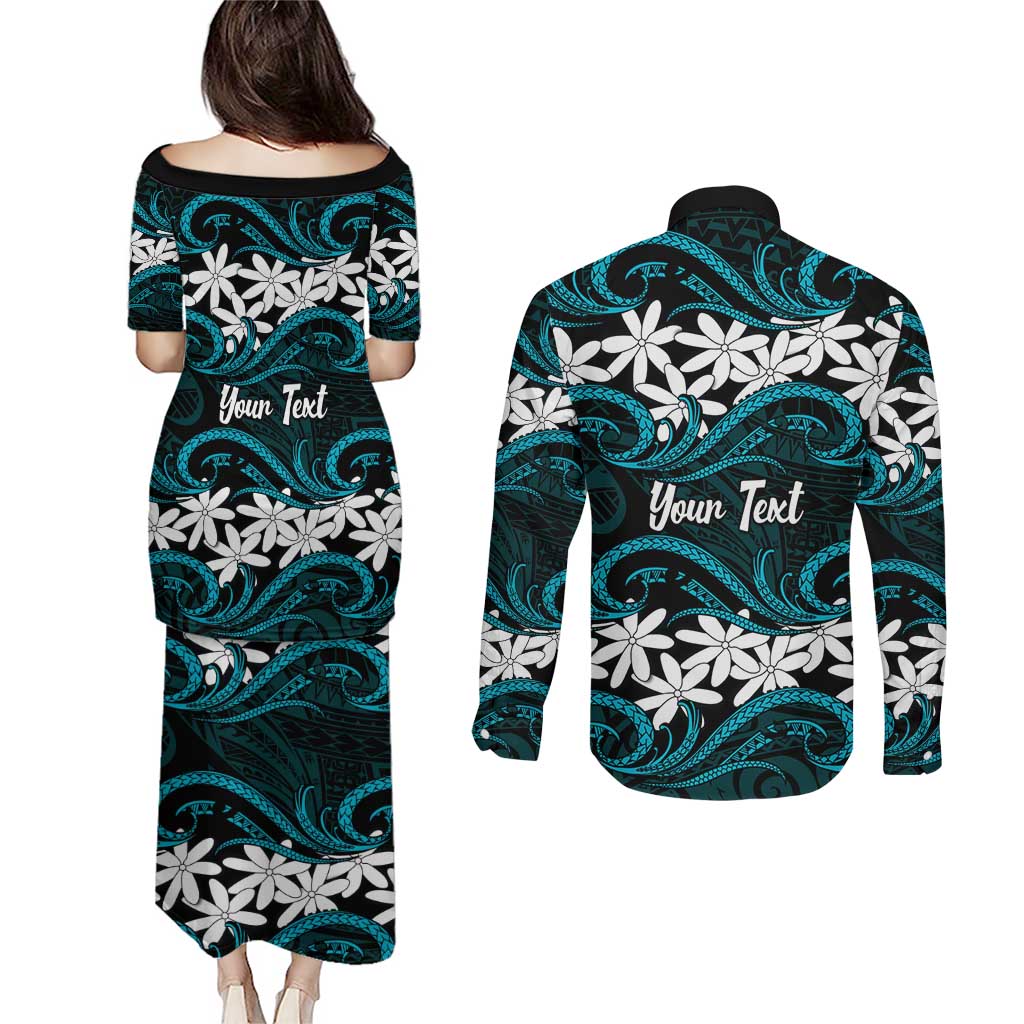 Personalised Cook Islands Penrhyn Atoll Couples Matching Puletasi and Long Sleeve Button Shirt Tiare Maori Polynesian Waves Tattoo