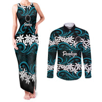 Personalised Cook Islands Penrhyn Atoll Couples Matching Tank Maxi Dress and Long Sleeve Button Shirt Tiare Maori Polynesian Waves Tattoo