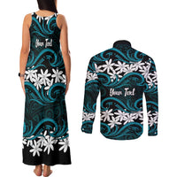 Personalised Cook Islands Penrhyn Atoll Couples Matching Tank Maxi Dress and Long Sleeve Button Shirt Tiare Maori Polynesian Waves Tattoo