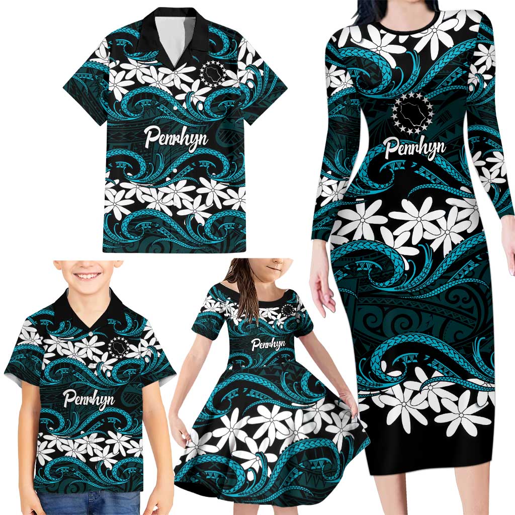 Personalised Cook Islands Penrhyn Atoll Family Matching Long Sleeve Bodycon Dress and Hawaiian Shirt Tiare Maori Polynesian Waves Tattoo