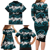 Personalised Cook Islands Penrhyn Atoll Family Matching Long Sleeve Bodycon Dress and Hawaiian Shirt Tiare Maori Polynesian Waves Tattoo