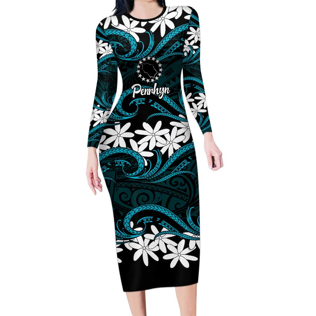 Personalised Cook Islands Penrhyn Atoll Family Matching Long Sleeve Bodycon Dress and Hawaiian Shirt Tiare Maori Polynesian Waves Tattoo