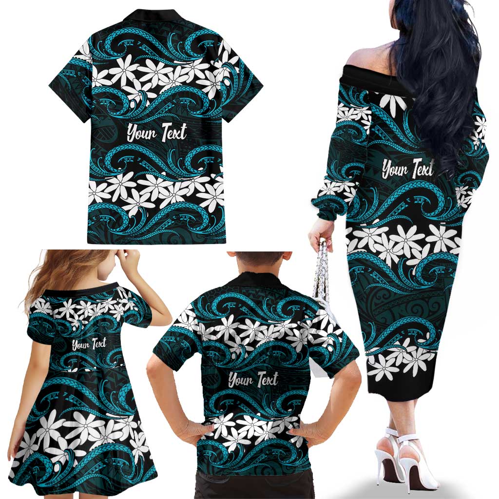 Personalised Cook Islands Penrhyn Atoll Family Matching Off The Shoulder Long Sleeve Dress and Hawaiian Shirt Tiare Maori Polynesian Waves Tattoo