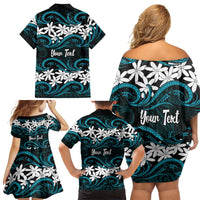 Personalised Cook Islands Penrhyn Atoll Family Matching Off Shoulder Short Dress and Hawaiian Shirt Tiare Maori Polynesian Waves Tattoo