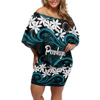 Personalised Cook Islands Penrhyn Atoll Family Matching Off Shoulder Short Dress and Hawaiian Shirt Tiare Maori Polynesian Waves Tattoo
