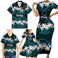 Personalised Cook Islands Penrhyn Atoll Family Matching Short Sleeve Bodycon Dress and Hawaiian Shirt Tiare Maori Polynesian Waves Tattoo