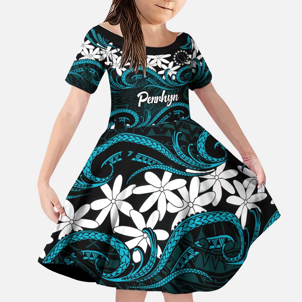 Personalised Cook Islands Penrhyn Atoll Family Matching Tank Maxi Dress and Hawaiian Shirt Tiare Maori Polynesian Waves Tattoo LT14 Daughter's Dress Blue - Polynesian Pride