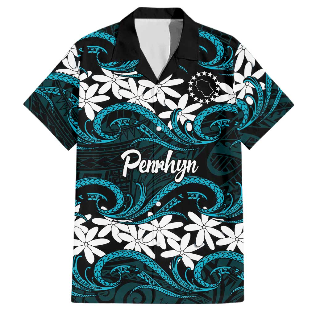Personalised Cook Islands Penrhyn Atoll Family Matching Tank Maxi Dress and Hawaiian Shirt Tiare Maori Polynesian Waves Tattoo LT14 Dad's Shirt - Short Sleeve Blue - Polynesian Pride