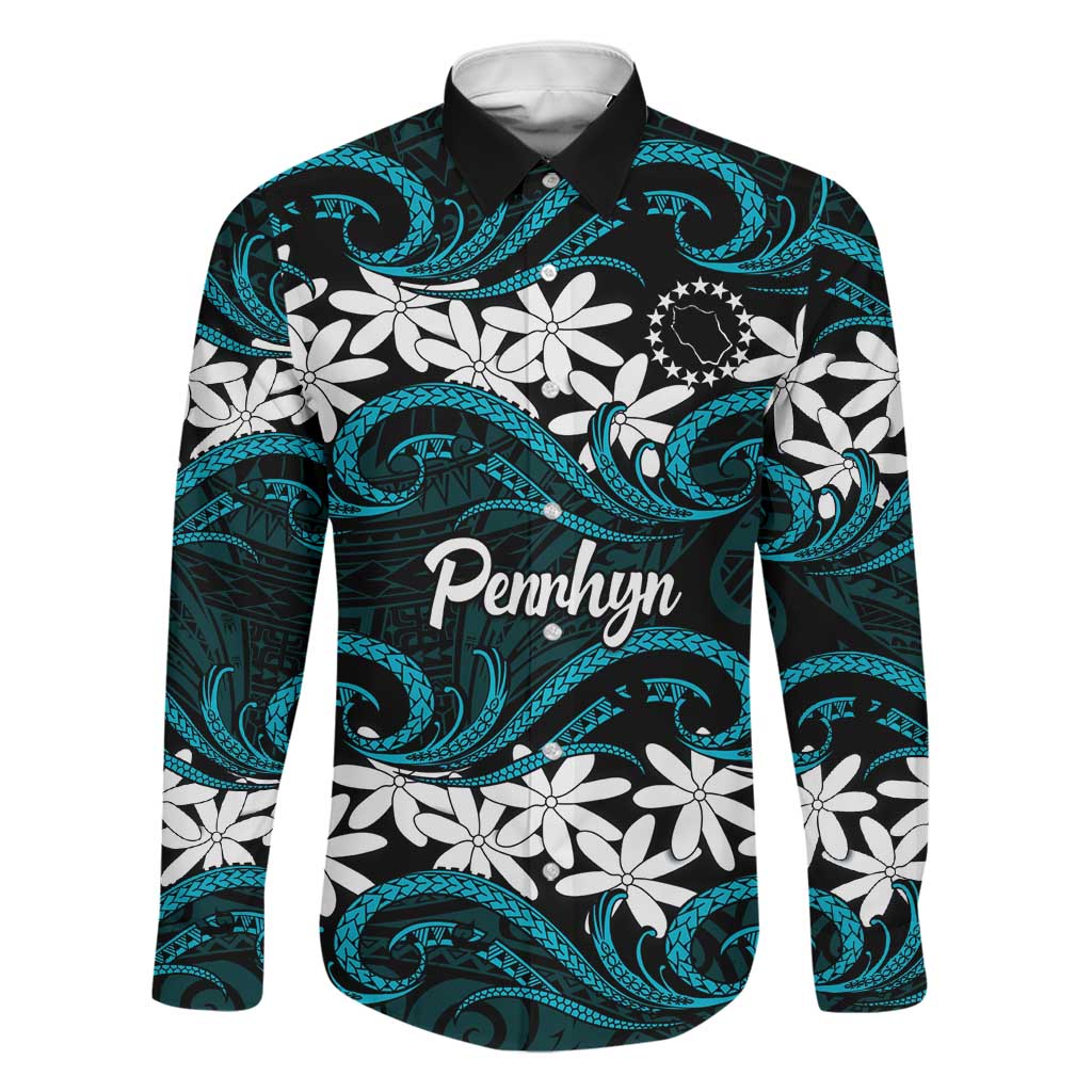 Personalised Cook Islands Penrhyn Atoll Family Matching Tank Maxi Dress and Hawaiian Shirt Tiare Maori Polynesian Waves Tattoo LT14 Dad's Shirt - Long Sleeve Blue - Polynesian Pride