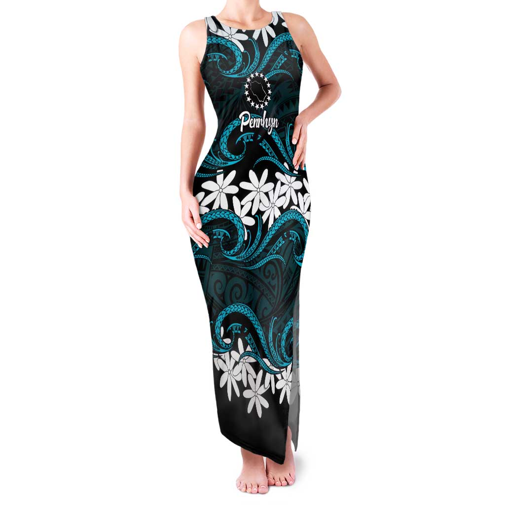 Personalised Cook Islands Penrhyn Atoll Family Matching Tank Maxi Dress and Hawaiian Shirt Tiare Maori Polynesian Waves Tattoo LT14 Mom's Dress Blue - Polynesian Pride