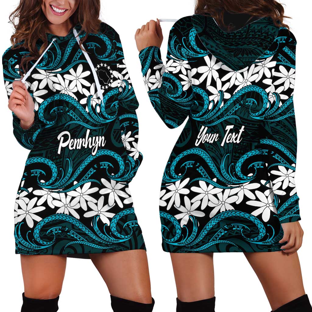 Personalised Cook Islands Penrhyn Atoll Hoodie Dress Tiare Maori Polynesian Waves Tattoo