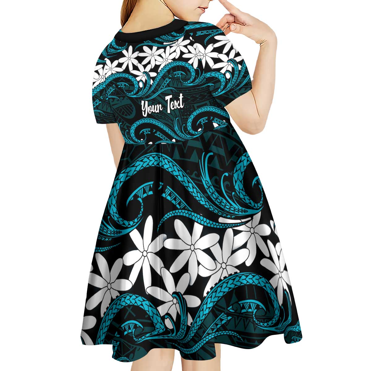 Personalised Cook Islands Penrhyn Atoll Kid Short Sleeve Dress Tiare Maori Polynesian Waves Tattoo
