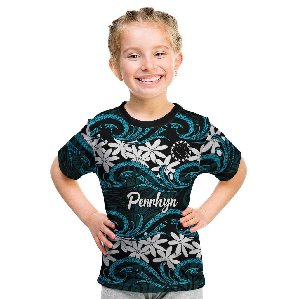 Personalised Cook Islands Penrhyn Atoll Kid T Shirt Tiare Maori Polynesian Waves Tattoo LT14 Blue - Polynesian Pride