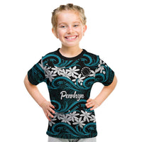 Personalised Cook Islands Penrhyn Atoll Kid T Shirt Tiare Maori Polynesian Waves Tattoo LT14 Blue - Polynesian Pride