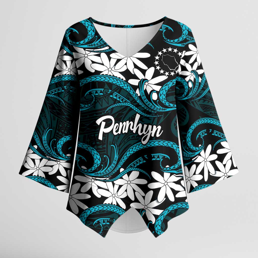 Personalised Cook Islands Penrhyn Atoll Kimono Sleeve Blouse Tiare Maori Polynesian Waves Tattoo LT14 Female Blue - Polynesian Pride