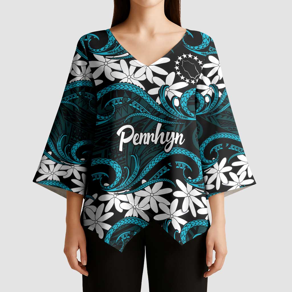 Personalised Cook Islands Penrhyn Atoll Kimono Sleeve Blouse Tiare Maori Polynesian Waves Tattoo LT14 - Polynesian Pride