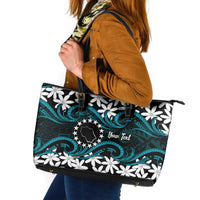 Personalised Cook Islands Penrhyn Atoll Leather Tote Bag Tiare Maori Polynesian Waves Tattoo