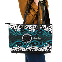 Personalised Cook Islands Penrhyn Atoll Leather Tote Bag Tiare Maori Polynesian Waves Tattoo