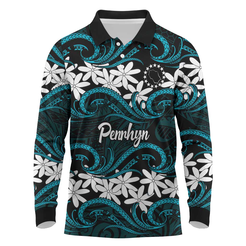Personalised Cook Islands Penrhyn Atoll Long Sleeve Polo Shirt Tiare Maori Polynesian Waves Tattoo