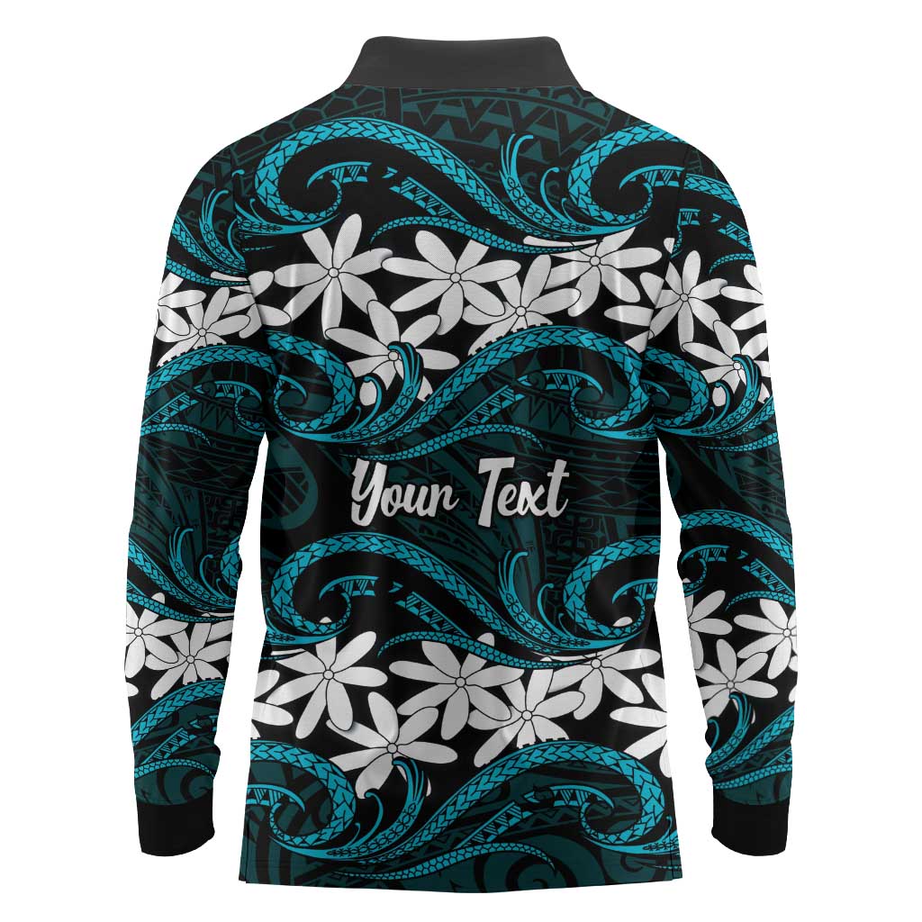 Personalised Cook Islands Penrhyn Atoll Long Sleeve Polo Shirt Tiare Maori Polynesian Waves Tattoo