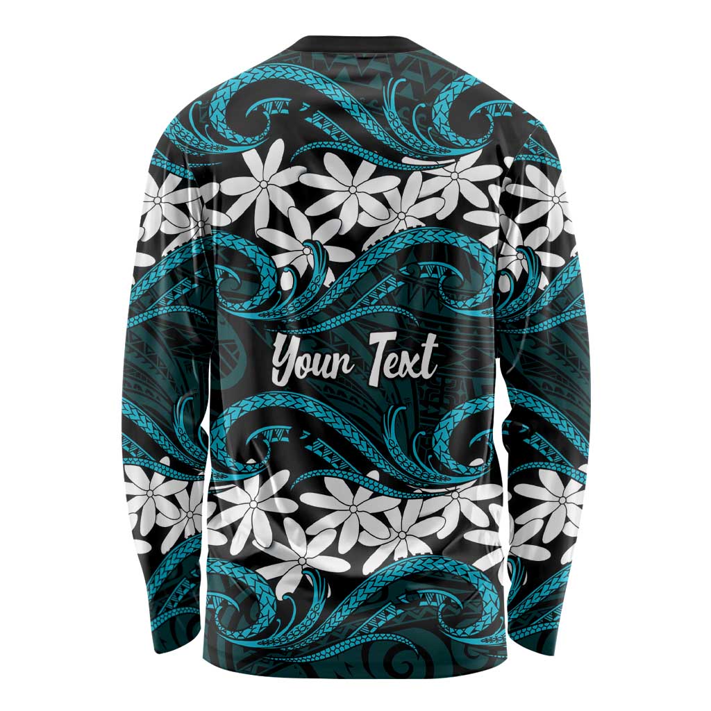 Personalised Cook Islands Penrhyn Atoll Long Sleeve Shirt Tiare Maori Polynesian Waves Tattoo