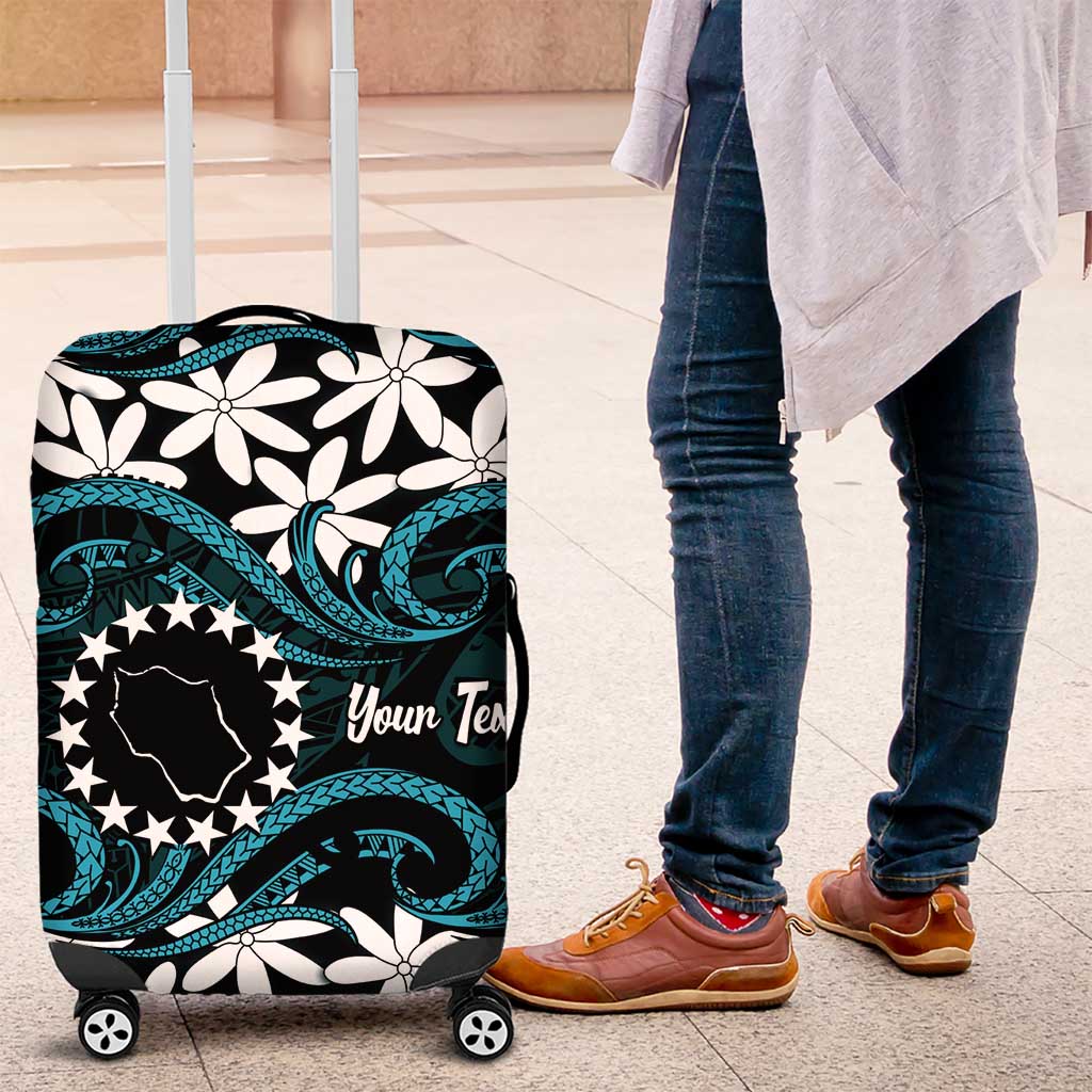 Personalised Cook Islands Penrhyn Atoll Luggage Cover Tiare Maori Polynesian Waves Tattoo LT14 Blue - Polynesian Pride