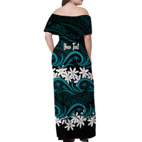 Personalised Cook Islands Penrhyn Atoll Off Shoulder Maxi Dress Tiare Maori Polynesian Waves Tattoo