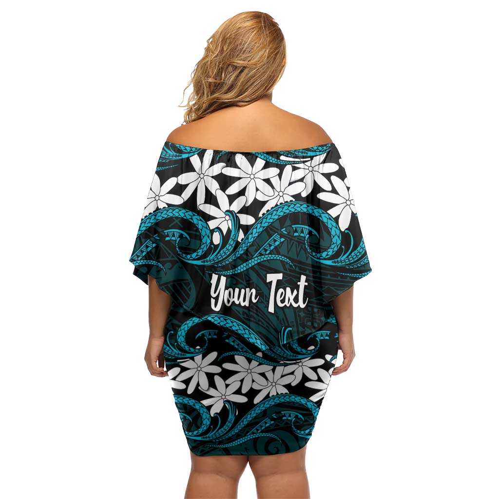 Personalised Cook Islands Penrhyn Atoll Off Shoulder Short Dress Tiare Maori Polynesian Waves Tattoo