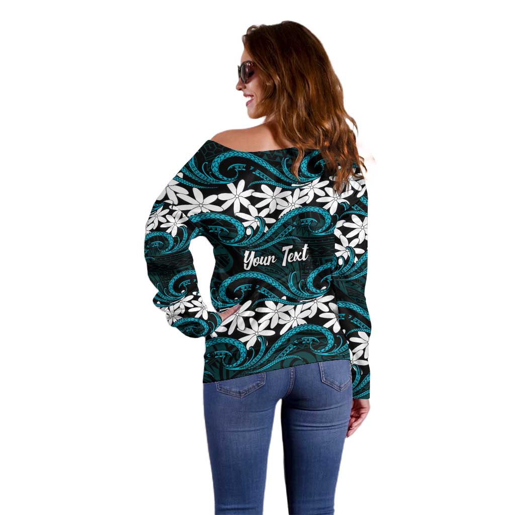 Personalised Cook Islands Penrhyn Atoll Off Shoulder Sweater Tiare Maori Polynesian Waves Tattoo