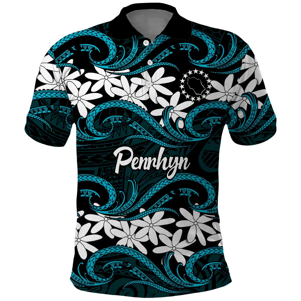 Personalised Cook Islands Penrhyn Atoll Polo Shirt Tiare Maori Polynesian Waves Tattoo LT14 Blue - Polynesian Pride