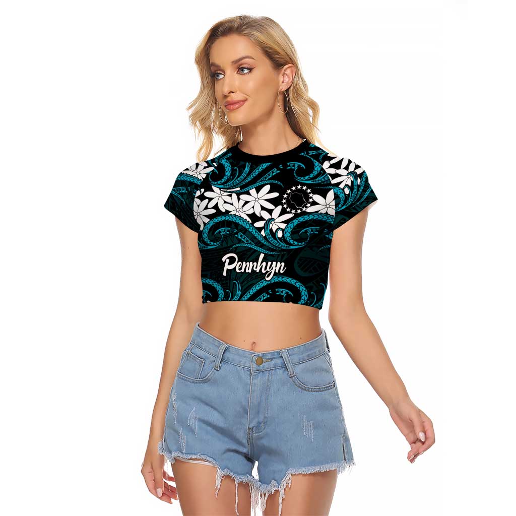 Personalised Cook Islands Penrhyn Atoll Raglan Cropped T Shirt Tiare Maori Polynesian Waves Tattoo