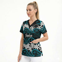 Personalised Cook Islands Penrhyn Atoll Scrub Top Tiare Maori Polynesian Waves Tattoo